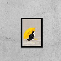 Quadro Decorativo Gato com Sombrinha Amarela 33x24cm - com vidro:Madeira preta - 3