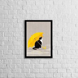 Quadro Decorativo Gato com Sombrinha Amarela 33x24cm - com vidro:Madeira preta - 1
