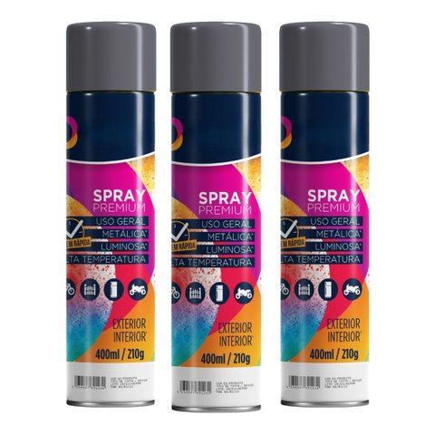 Tinta Spray 400ml Cinza Grafite Uso Geral em Aço Ferro Gesso Cerâmica Couro | Universo | Kit 03 Un