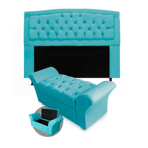 Kit Cabeceira Geovana + Calçadeira Baú Veneza Casal 140cm Suede - Renascer Decor:Azul Turquesa