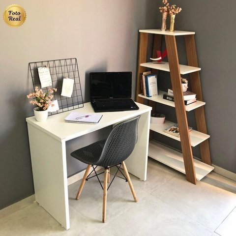 Conjunto Escrivaninha Mesa Escritório Pequena 90,8cm com Estante Escada Multiuso com 5 Prateleiras Branco/Freijó Artany