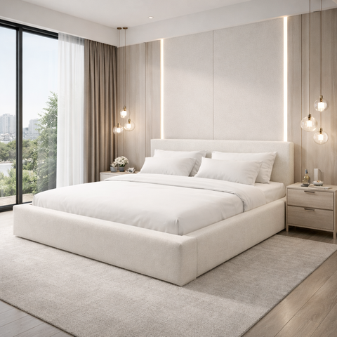 Cama King Estofada com Cabeceira Alta e Estrutura Reforçada:linho Off White