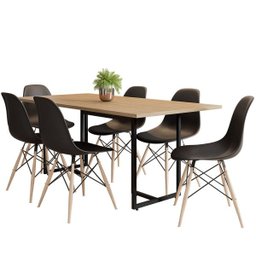Mesa de Jantar Maldiva Industrial Nature F01 com 6 Cadeiras Eiffel Charles Eames Preto - Lyam - 1 Mesa de Jantar Maldiva Industrial Nature F01 com 6 Cadeiras Eiffel Charles Eames Preto - Lyam - 1
