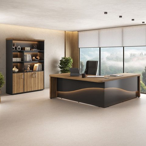 Conjunto Escritório Artany: Mesa Supreme e Estante c/ LED