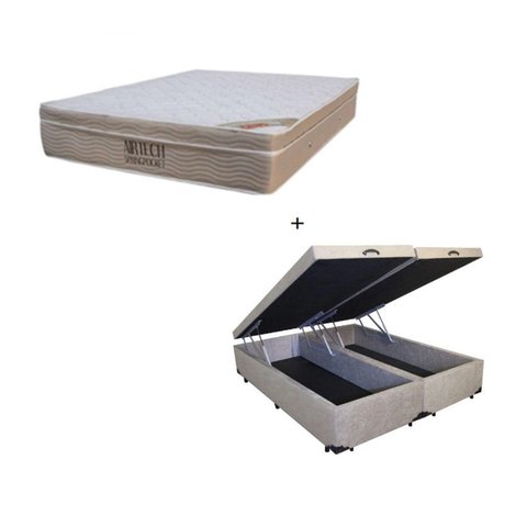 Cama Box Baú Queen Bipartido 158 Suede Bege com Colchão Ortobom Airtech Spring Pocket D26 Bege 70x15