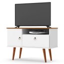 Ver imagem 1 de Rack Bancada para Tv até 32 Polegadas com Porta Organizador Sala Retro Yan Branco Acetinado/cumaru