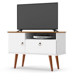 Rack Bancada para Tv até 32 Polegadas com Porta Organizador Sala Retro Yan Branco Acetinado/cumaru
