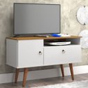 Ver imagem 2 de Rack Bancada para Tv até 32 Polegadas com Porta Organizador Sala Retro Yan Branco Acetinado/cumaru