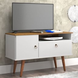 Rack Bancada para Tv até 32 Polegadas com Porta Organizador Sala Retro Yan Branco Acetinado/cumaru - 2