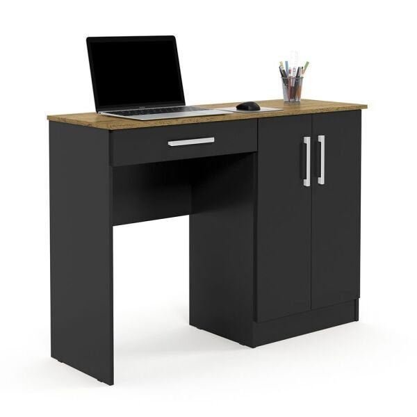 Mesa De Computador Escrivaninha Com 2 Portas Multiuso Quarto Escritório Preto Acetinado/Nature - 1
