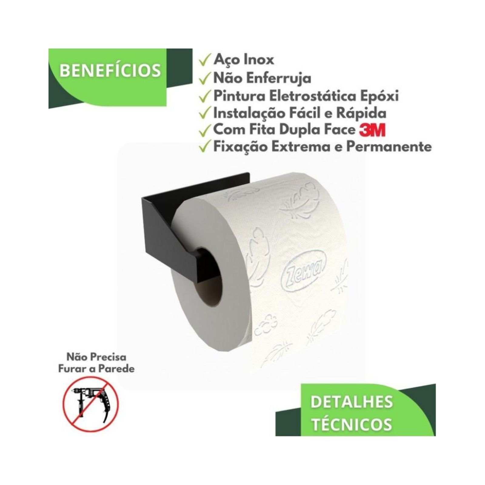 Porta Papel Higiênico com Adesivo na Parede Preto F.df - 5