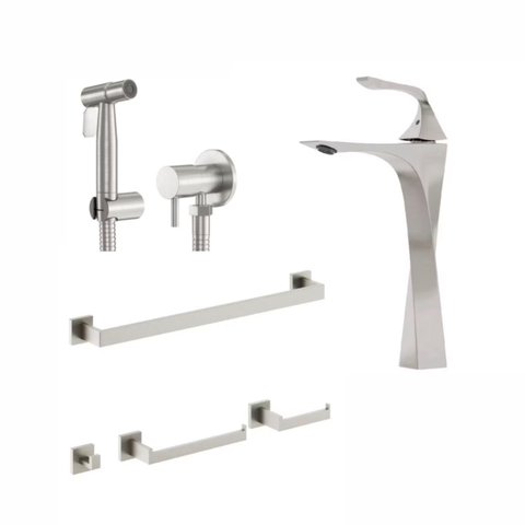 Kit Banheiro Prata Escovado: Torneira Paris Alta, Ducha Higiênica e Acessórios 4 Peças
