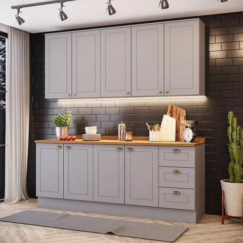 Cozinha Modulada Compacta 200cm 4 Peças 9 Portas 3 Gavetas Americana Henn - Cinza/nature