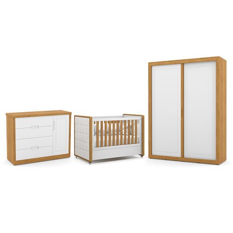 Dormitório Tutto New 2 Portas, Cômoda 1 Porta e Berço Branco Soft/freijó com Capitonê - Matic M