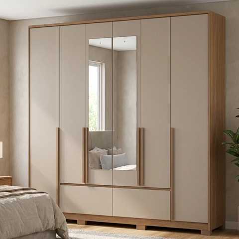 Guarda-Roupa Casal 6 Portas 4 Gavetas com Espelho Denver Carvalho e Fendi