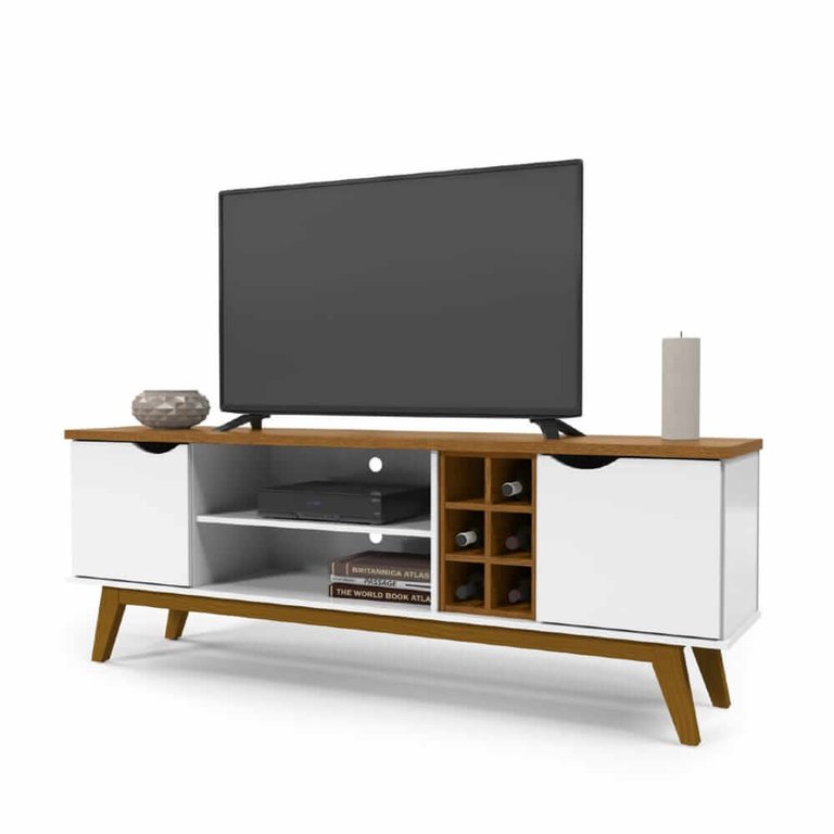 Rack para Sala com 2 Portas e 2 Nichos - Prism 1.8 - Branco com Cumaru - Patrimar Móveis
