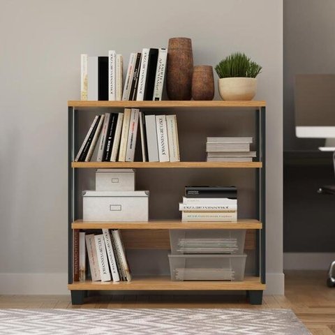 Mini Estante Estilo Industrial 89,5cm 4 Prateleiras F23 Pradel Móveis - Freijó/preto Fosco