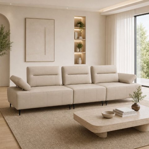 Sofá 4 Lugares para Sala Living 291cm Modular Pés Industrial Oslo L06 Couro Bege Areia - Lyam Decor