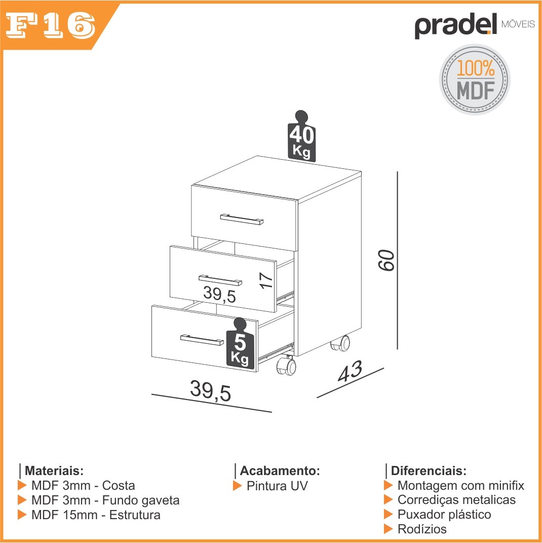 Gaveteiro 39,5cm Estilo Industrial F16 Pradel Móveis - Freijó - 3