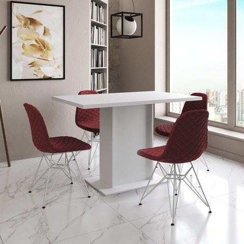 Mesa Jantar Londres Tampo Branco 120cm 4 Cadeiras Ferro Branco Estofado Vermelho