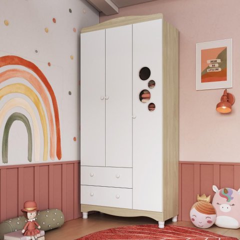 Guarda Roupa Infantil Roupeiro para Quarto 3 Portas 2 Gavetas Carvalho/Branco - Completa Móveis