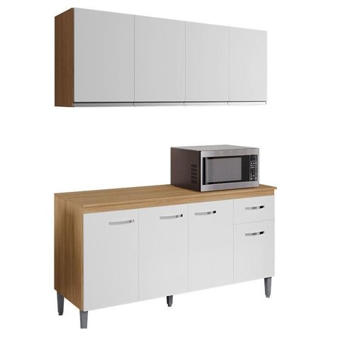 Balcão de Cozinha Gabriela com Tampo 150cm e Armário Aéreo Andréia Amêndoa Branco - Ajl