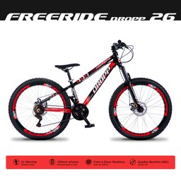 Bicicleta Aro 26 Quadro 13 Alumínio 21v Freio a Disco Mecânico Freeride Preto/Vermelho - Dropp - 4