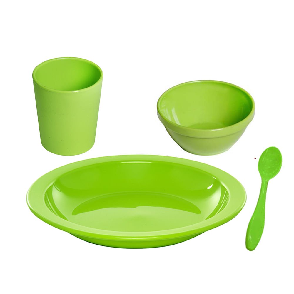 Kit Refeição Infantil com 1 prato fundo + 1 sopeira cheff 250ml + 1 copo 200ml + 1 colher Verde
