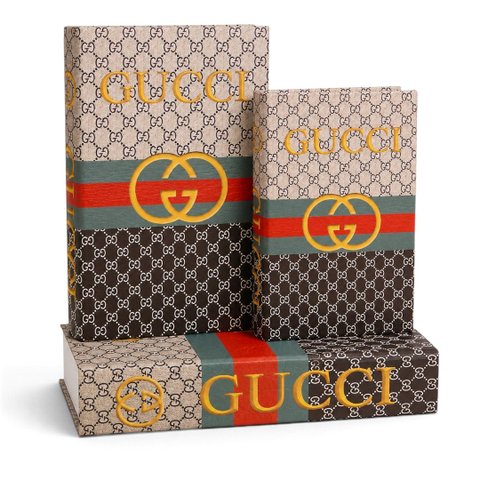 Conjunto de 3 Caixas Decorativas Gucci em MDF g: a: 30cm L: 21cm P: 7cm m: a: 26cm L: 17cm P: 5cm P: