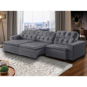 Sofá Retrátil Reclinável 7 Lugares 350cm com Pillow Veludo Cinza Alasca Megasul