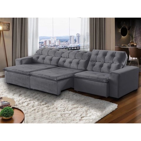 Sofá Retrátil Reclinável 7 Lugares 350cm com Pillow Veludo Cinza Alasca Megasul
