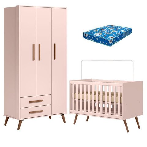 Berço Americano 3820 e Guarda Roupa Roupa 3830 Q Encanto Retrô Rosa com Colchão Tend Tudo - Qmovi