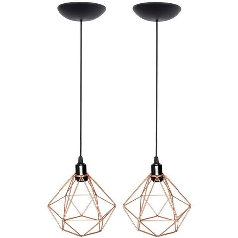 2 Pendentes Aramado Diamante Luminária Lustre Teto Retrô Vintage Industrial Balcão Cobre Rose