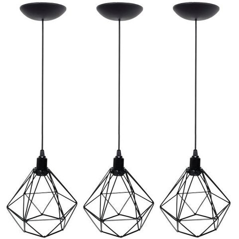 3 Pendentes Aramado Diamante Luminária Lustre P Teto Retrô Vintage Industrial Balcão Preto