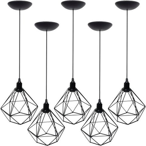 5 Pendentes Aramado Diamante Luminária Lustre P Teto Retrô Vintage Industrial Balcão Preto