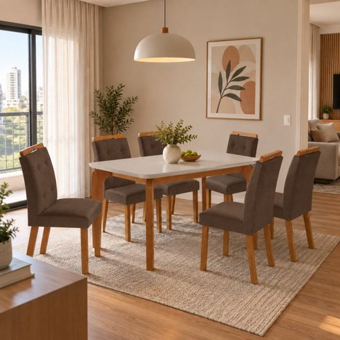 Conjunto de Mesa de Jantar Dublin 180 Tp MDF Laminado Canto Copo 6 Cadeiras Valentina