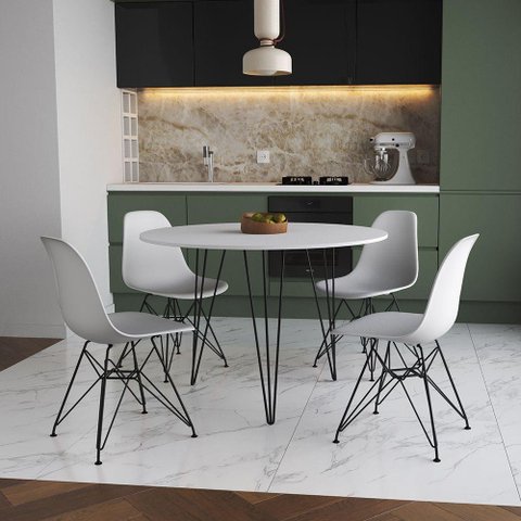 Mesa De Jantar Redonda 90Cm Branca Clips 3 Pés Com 4 Cadeiras Brancas Ferro Preto Cor: Branco