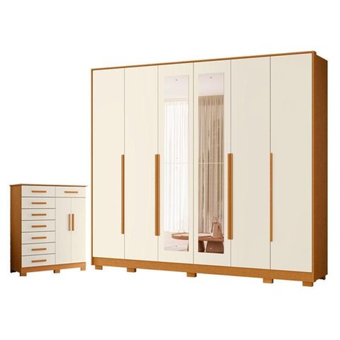 Guarda Roupa Casal Mercure com Espelho 6 Portas e Cômoda Verona 08 Gavetas Cinamomo Off White - Mó