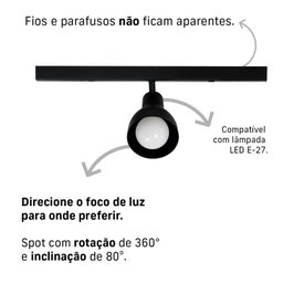 Kit 2 Trilho Eletrificado 1 Spot Lâmpada E27 Direcionável Cor:preto - 3