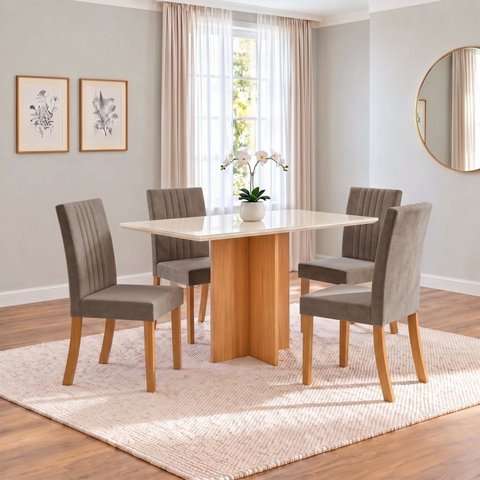 Conjunto Sala de Jantar Mesa Lana 120cm Tampo MDF Vidro Canto Reto 4 Cadeiras Lily