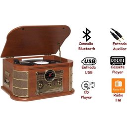 Vitrola Toca Discos Vinil Retro Bluetooth Cassete USB Cd Player Rádio Fm Entrada Auxiliar Reproduz - 2