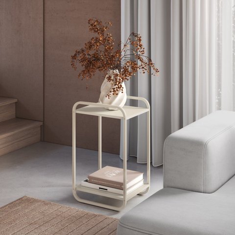 Mesa Lateral Orgânica Curva 65x33cm com Pé em Metal Luna Offwhite