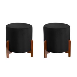 Kit 2 Puff Catânia em Linho Preto Base em Madeira - 2 Kit 2 Puff Catânia em Linho Preto Base em Madeira - 2