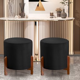 Kit 2 Puff Catânia em Linho Preto Base em Madeira - 1 Kit 2 Puff Catânia em Linho Preto Base em Madeira - 1
