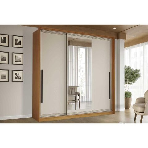 Guarda Roupa 3 Portas de Correr (1 C/ Espelho) e 4 Gavetas Valência Freijo/creme - Politorno