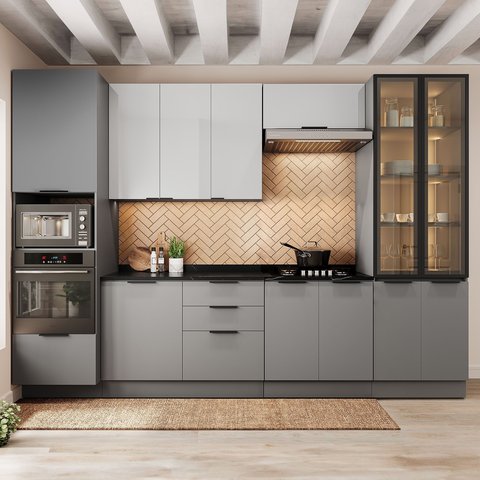 Cozinha 6 Peças com Paneleiro para Forno e Micro-Ondas com Vidro Fumê e Iluminação Lumina Cinza