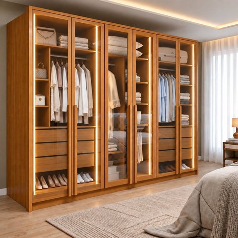 Guarda Roupa Casal 6 Portas com Vidro Reflecta e 6 Gavetas 100% MDF com LED Imperiale Premium