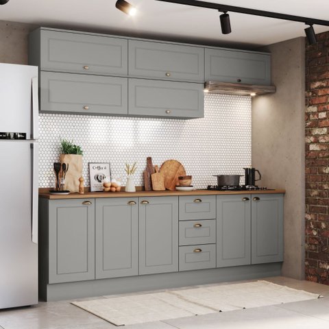 Cozinha Compacta 240cm 8 Peças 10 Portas 3 Gavetas Americana Henn