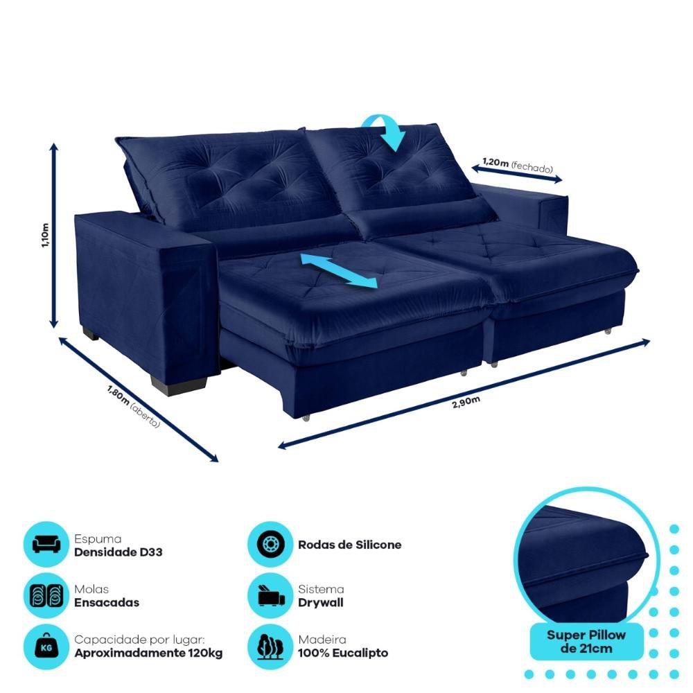 Sofá Cancún Retrátil e Reclinável 2,90M Velusoft Azul com Molas Ensacadas Pillow Top - Sofá Casa - 3