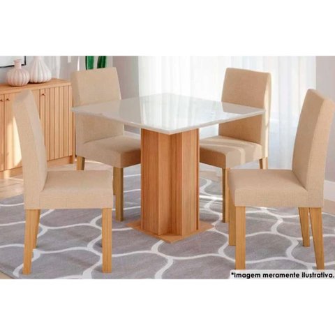 Sala de Jantar Completa Sophia C/ Tampo Madeirado C/ Vidro 95x95cm e 4 Cadeiras Maia Savana-cinamomo